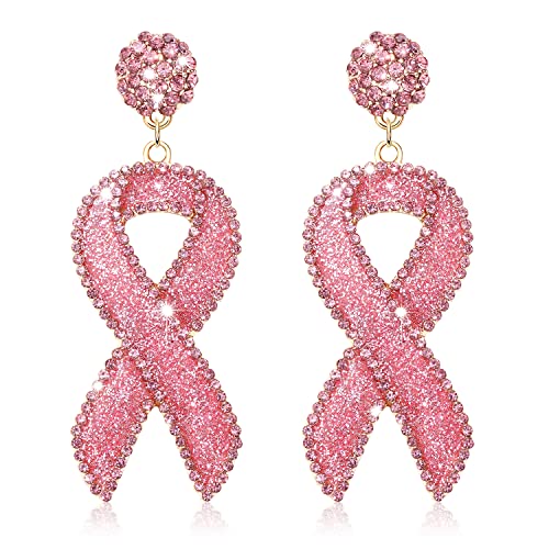 Glitter Rhinestone Pink Ribbon Drop Earrings Beaded Breast Cancer Awareness Earrings Jewelry for Women Breast Cancer Survivor Support Jewelry Gifts - Main Image