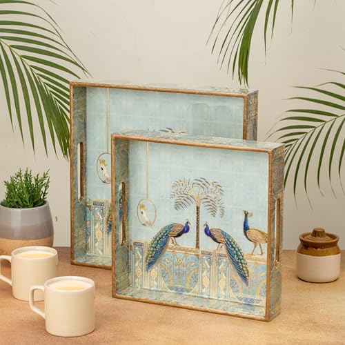 Image of Wooden Serving Tray with Gold Engraving | Set of 2 | Size : 12 x 12 inch & 10 x 10 inch | Enamel Coated Waterproof | Square Trays | Decorative Trays | (Blue Peacock Square Trays Set)