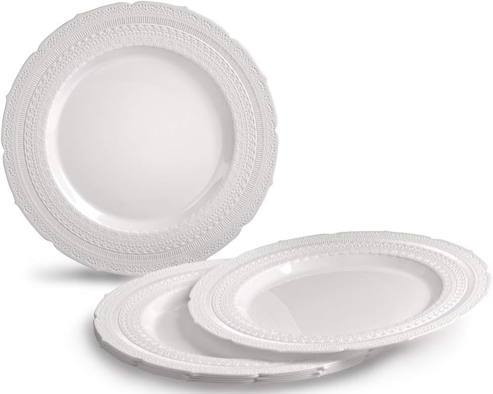 Black Friday - 70% OFF OCCASIONS 240 Plates Pack,(120 Guests) Extra Heavyweight Vintage Wedding Disposable / Reusable Plastic Plates 120x11'' Dinner + 120x8.25'' Salad/Dessert Plate (Chateau White)