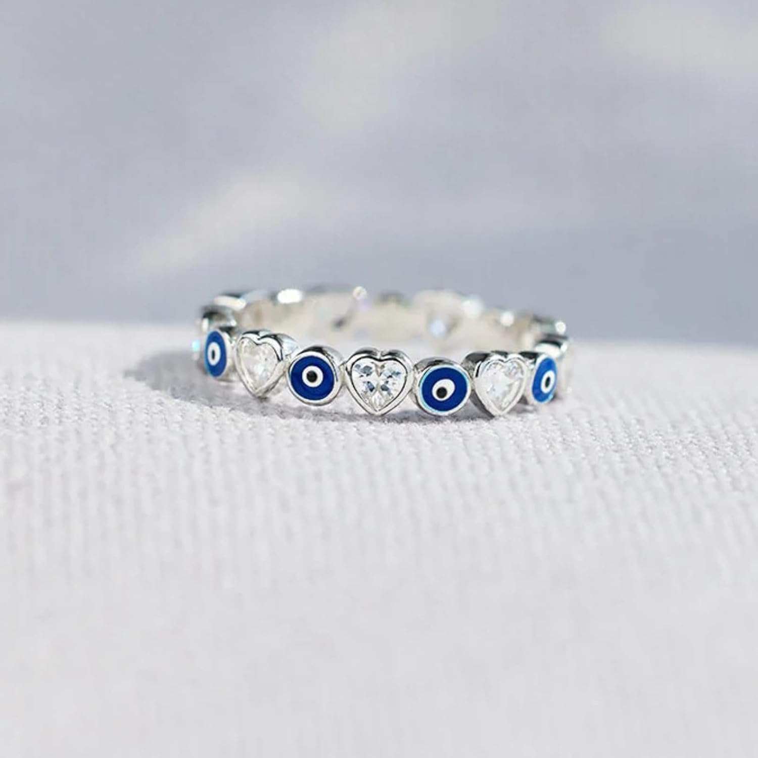 Evil Eye Ring for Women Sterling Silver Turkish Evil Eye Ring Bands Dainty Evil Eye Rings Lucky Jewelry Heart Ring CZ Statement Ring Dainty Wedding Valentine Jewelry Gift for Her US Size 5-12 - Image 2
