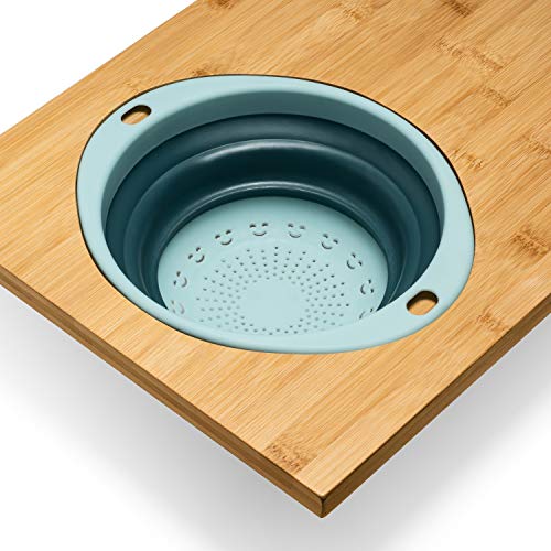 Tabla de cortar rectangular de bambú con colador y soporte para teléfono miniatura 3
