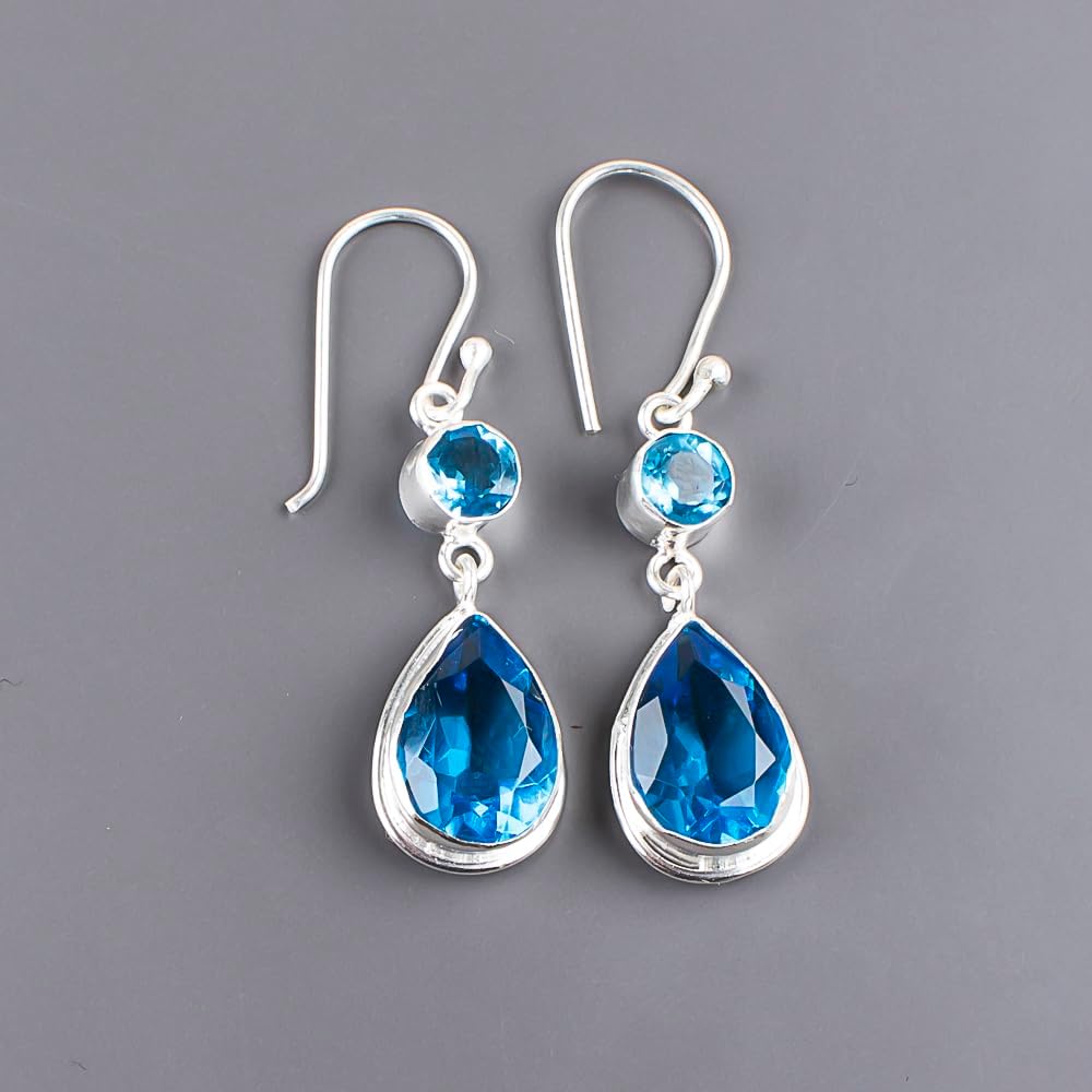 Natural Semi Precious Gemstone 925 Solid Silver Drop & Dangle 10x14MM Pear & 6MM Round Dual Gemstone Earrings Handmade Women Jewelry for All Occasion