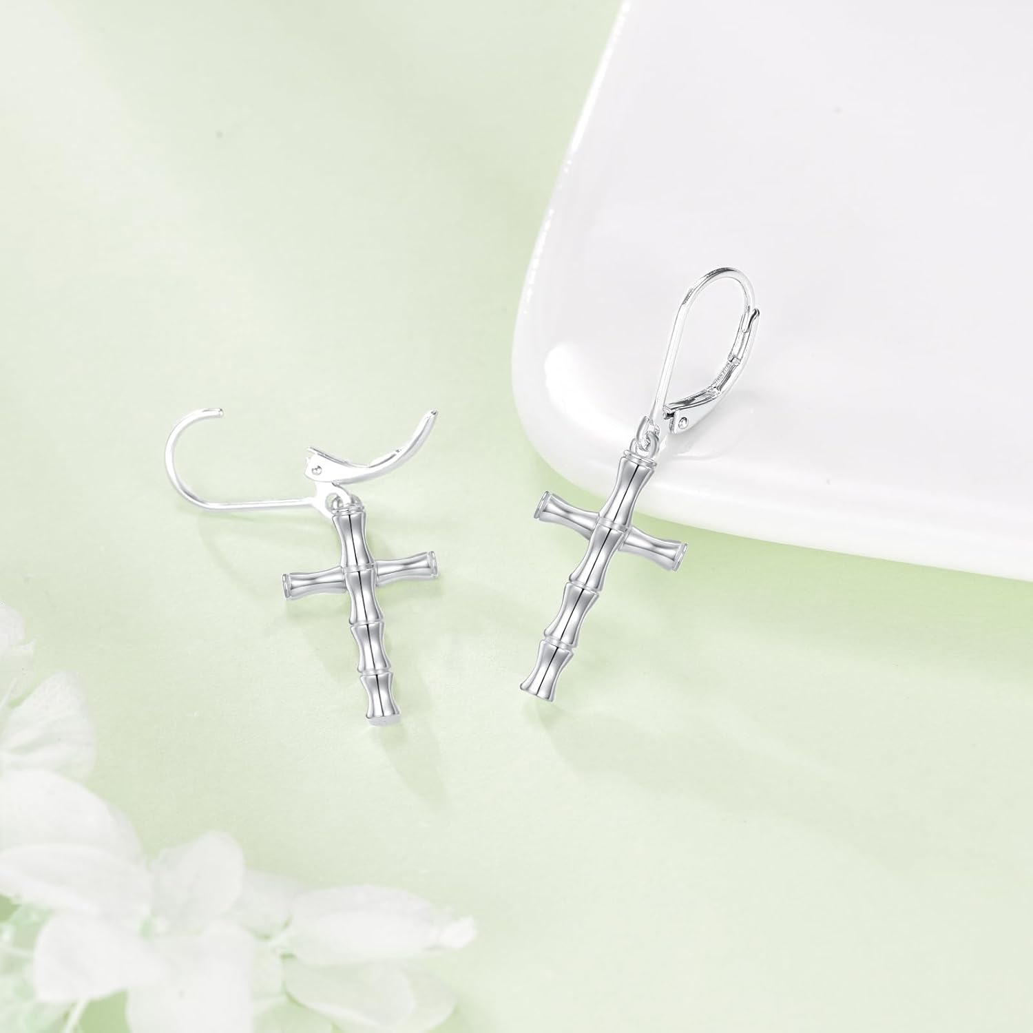 Bamboo Cross Earrings Sterling Silver Cross Dangle Drop Earrings Christian Religious Jewelry Gifts for Women - Image 6