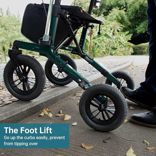 Image of ELENKER All-Terrain Rollator Walker with Non-Pneumatic Tire 12 inch Front Wheels, Compact Folding Design for Seniors, Green