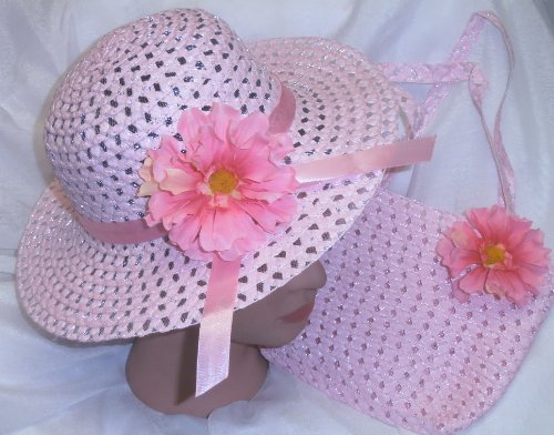 Girls Spring Easter Hat & Bag Set Pink Ribbon & Flower Easter Bonnet Dressup Teaparty