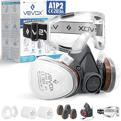 Foto di VEVOX® Maschera respiratoria con filtro A1P2 – Protezione da gas, vapori e polveri sottili – Ideale per verniciatura, levigatura e lavori edili – Con 20 filtri P2 antiparticolato e 4 A1 antigas