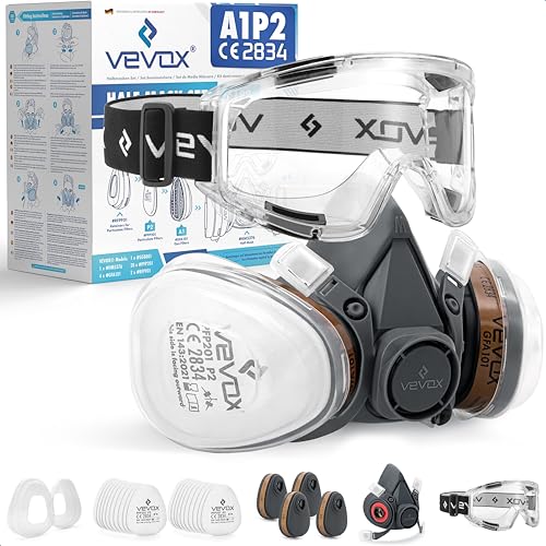 VEVOX® Maschera respiratoria con filtro A1P2 – Protezione da gas, vapori e polveri sottili – Ideale per verniciatura, levigatura e lavori edili – Con 20 filtri P2 antiparticolato e 4 A1 antigas