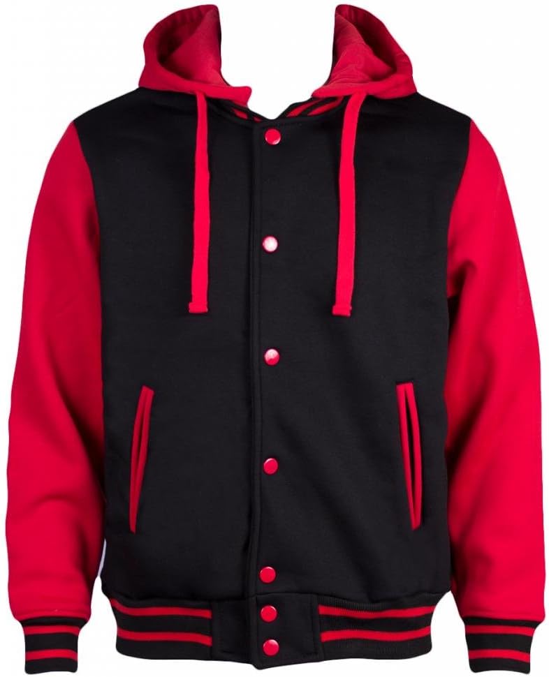 Letterman Varsity Baseball Hoodie Mens Jacket - Removable Hood (XL, Black/Red)