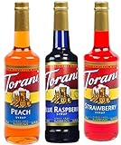 Torani Syrup Fruit Flavors 3 Pack, Blue Raspberry, Peach, Strawberry 25.4 Ounces Each Bottle (750 ML)