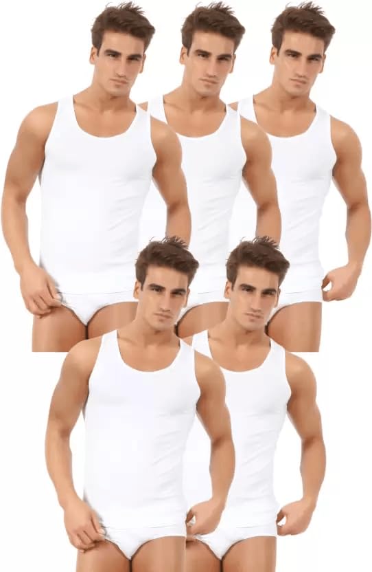 Captain Pack of 5 Sleeveless Scoop Neck Regular Fit Cotton Blend Vest for Men | 100% Cotton Fabric, Anti-Bacterial Finish Color White-picture-39