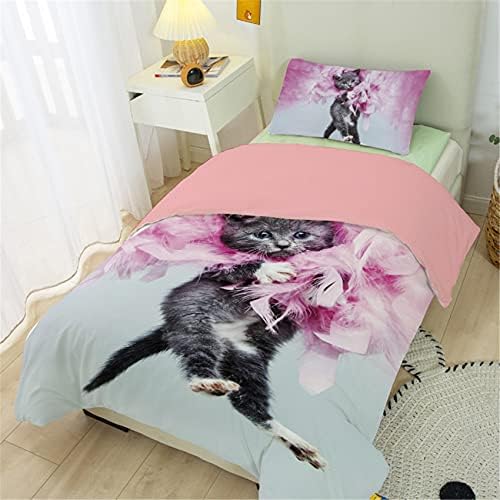 HOMHOMHA Cute Cat Duvet Cover Set Single Size for Girl Kids Bed Cover Adults Bedroom,Grey Kitty Pink Feather 3D Bedding Duvet Cover Cat Themed Bedspread,Soft Microfiber Bed Set