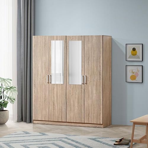 Danube Home Supreme 4 Door Wardrobe with Mirror | Extra Sturdy Closet Clothes Storage Cupboard | Modern Design Space Saving Swing Door Cabinet for Bedroom L160xW52xH190cm - French Sonoma Oak