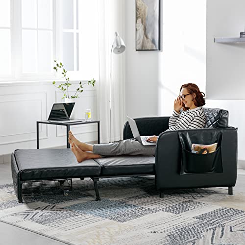 Antetek Sleeper Sofa Bed, 46-Inch Faux Leather Loveseat Sleeper Sofa Couch With Pull-Out Bed, Small Love Seat Sofa Single Bed With A Detachable Side Pocket For Living Room, Office, Black #TOP2