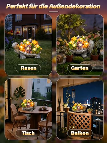 Ollny Wetterfeste Solar Gartenfigur Schildkröte – Charmante Gartendeko für Draußen und Balkon Deko Frauen – Deko Garten und Balkon mit 8 LED Lichtern