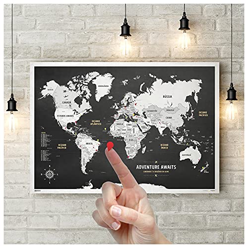 Pôster Mapa-Múndi Preto e Branco (Black) A1 (84x59cm) + 220 Pins Adesivos p/Marcar Destinos