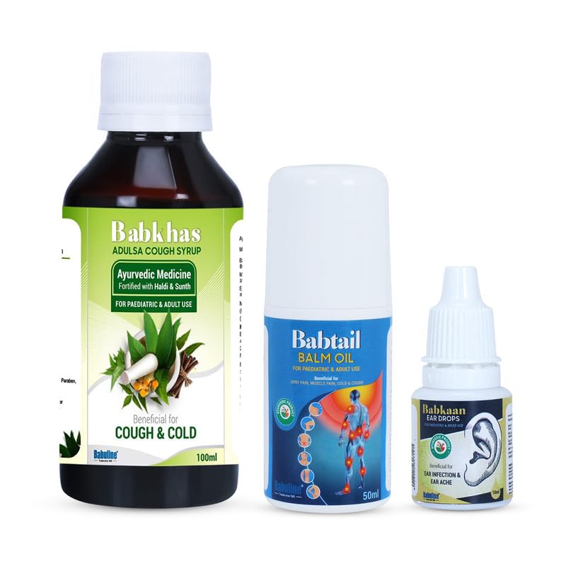 Babuline Health Care Combo Kit For Kids & Adults - Babkhas Adulsa Cough Syrup 100ml, Babkaan Ear Pain Relief Drops 50ml, Babtail Body & Joint Pain Relief Oil 50ml For All Ages | Natural & Pure Ayurvedic Combo-image-42