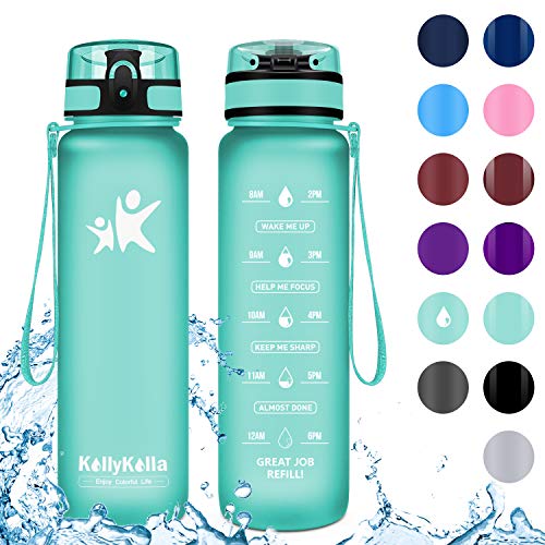 KollyKolla Sports Water Bottles 32oz,27oz,17oz,12oz,Reusable Plastic Water Bottle with Time Marker and Filter