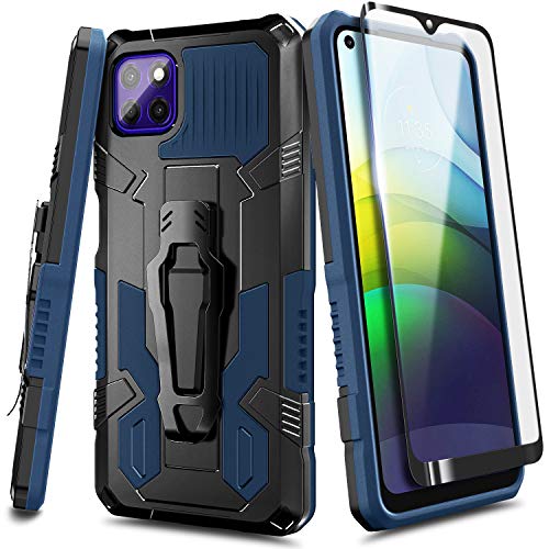 NZND Motorola Moto G9 Power Case with Tempered Glass Screen Protector (Full Coverage), Belt Clip, Built-in Kickstand, Dual Layer Full Body Shockproof Protective Rugged Defender Case (Blue)