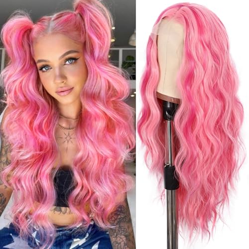 SAPPHIREWIGS Highlight Pink Lace Front Wigs Long Loose Curly Wavy