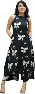 Women's Dhanna Fashion Black Floral Print Sleeveless Kurta with Palazzo Set, A-Line Style Price In India