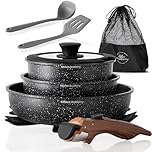Kitchen Academy Non Stick Pots and Pans Set, Detachable Handle Induction Hob Pans Set,10 Piece Black Granite Cookware Set with Removable Handle Stackable RV Camp Cookware