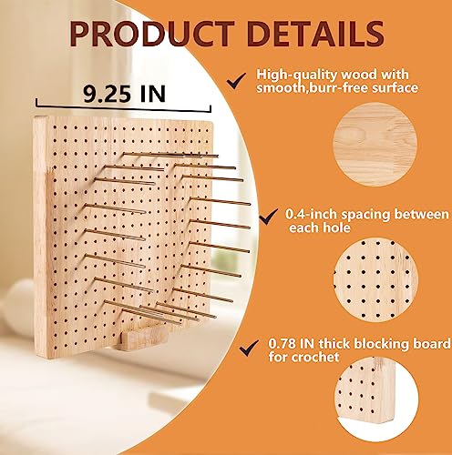 Ortarco 9.25 in Blocking Board for Crocheting with Pins, Wooden Crochet Square Blocking Board Mat with 20 Pcs Steel Pins 5 Needles (9.25 in)