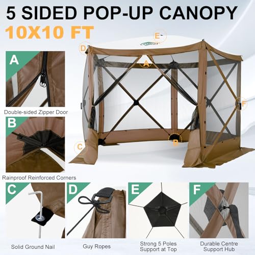 Image of COBIZI 10x10 FT Pop up Gazebo, Popup Canopy Tent,Instant Screened in Gazebos, Waterproof Portable Outdoor Small Screen Tents Sun Shelter,carpas para Patio for Camping, Garden and Backyard,Brown
