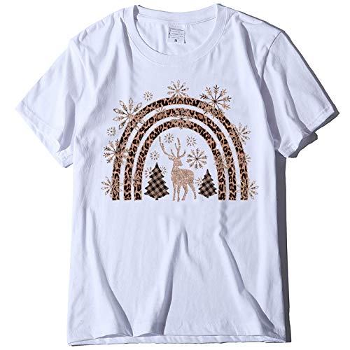 Tops for Women Contracted Christmas Pattern Printed Loose Fit Short Sleeve O-Neck Holiday Tees White