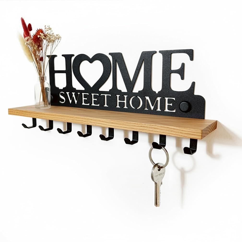 Portachiavi con Mensola in Legno Massello e Metallo – Organizer da Parete con 8 Ganci – Targa Home Sweet Home per l’ingresso