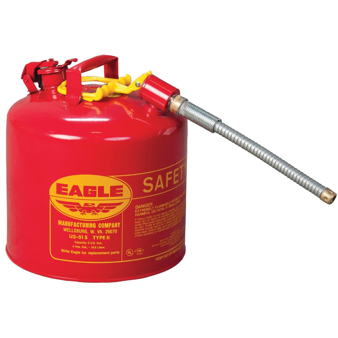 5 Gallon Type II Red Safety Gas Can for Gasoline with Flame Arrester, Self-Closing Lid, and 12" x 5/8" Flexible Metal Hose, Made in the USA, Galvanized Steel Flammable Storage Can, U251SX5