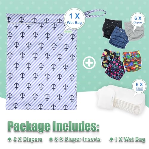 Image of wegreeco Cloth Diapers 6 Pack with 6 Inserts, Washable Cloth Diapers for Babies, One Size Adjustable Reusable (with 1 Wet Bag,Boy Prints)