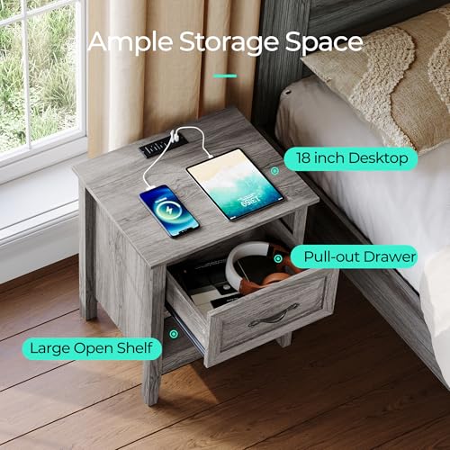 LINSY Night Stand 18.9" Farmhouse Wood Night Stand with Type-C Charging Station Open Storage Shelf Nightstands with Drawer Side Table End Table for Bedroom Living Room Sofa Couch Office Grey by LINSY - Image 3