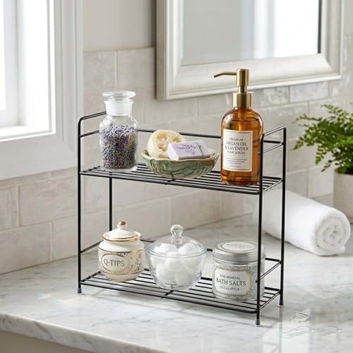 Image of Go Hooked 2 Tier Metal Storage Rack Organizer 31cm | Multipurpose Countertop Shelf for Home, Bathroom & Utility Storage | Black Wire Spice Rack for Jars, Bottles & Essentials