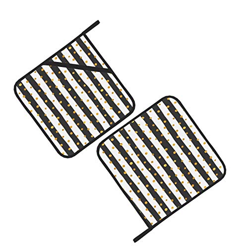 Gold Dots White And Black Stripes Heat Resistant Mat Heat Resistant Kitchen Towel Sets With Pot Holders 2 Pcs Kitchen Towel Sets With Pot Holders 8×8 Inch For Cooking And Baking #TOP1