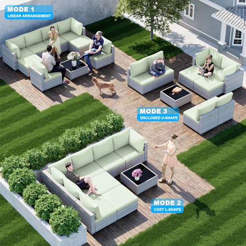 Image of Outdoor PE Wicker Rattan Modular Patio Sectional Sofa Set | 9-Piece: 6 Modular Seats, Coffee Table & 2 Ottomans, Light Green