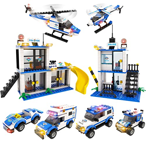 City Police Station Building Kit with Cop Cars, Helicopter, Prison Van, Fun Police Toy for Kids, Best Roleplay Construction STEM Toy Gift for Boys and Girls Age 6-12 (808 Pieces)
