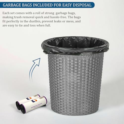 Image of Kuber Industries Dustbin & Garbage Bag Set | 10 L Open Waste Bin with (Black - 2 Roll) 19x21 Inch Disposable Bags for Kitchen, Office | Check - Grey