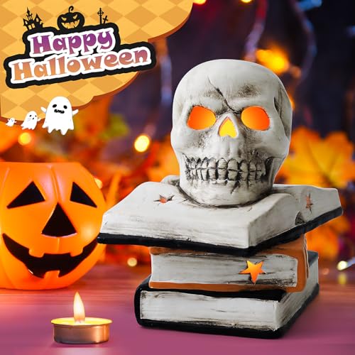 Aclema Halloween Skull Decor, Halloween Decorations Indoor Gothic Skeleton Head And Book Ceramic Statue Collectible Figurines For Halloween Holiday Party Room Fall Home Ornaments thumb #5