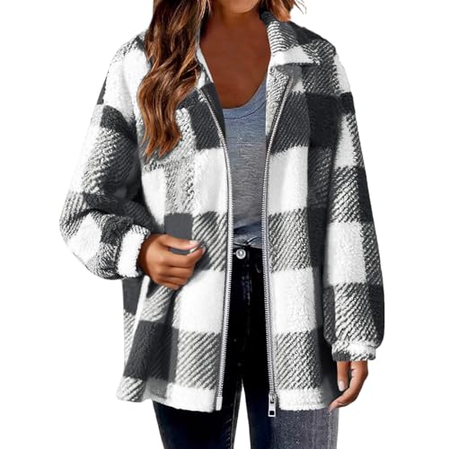 Image of Fleece Jacket for Women Plus Size, Ladies Plaid Shacket Jacket Oversized Teddy Fleece Fuzzy Coats Zip Up Casual Long Sleeve Fluffy Outfits Winter Clothes Tartan Checked Coat Size 8-22