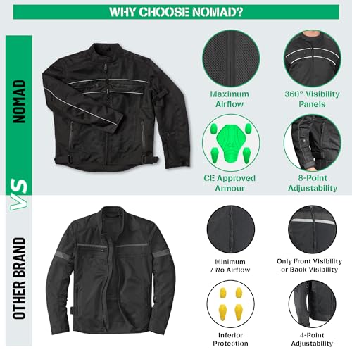 Nomad Mesh Motorcycle Jacket for Men Summer Biker Jacket Cruiser Sportsbike Enduro Hi-Viz Riding Jacket CE Armor Protection (US, Alpha, Medium, Regular, Regular, Black)
