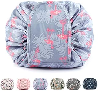 Portable Lazy Drawstring Makeup Bag Travel Cosmetic Pouch Toiletry Organizer Waterproof Large for Women and Girls (A-Flamingo)