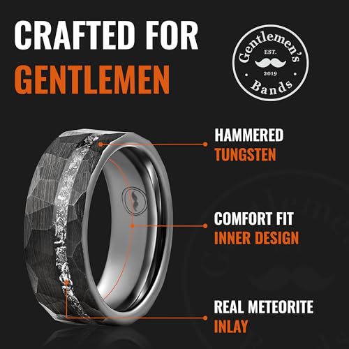 Gentlemen's Bands Black Tungsten Men's Wedding Band with Hammered Design & Real Meteorite Inlay-8mm | Black Engagement/Wedding Ring for Men | Includes Silicone Band, Leather Pouch & Luxury Walnut Box3