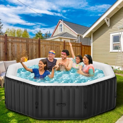 4-6 Person Inflatable Hot Tub, Polygon Portable Blow Up Hot Tub, Leak-Proof PVC Outdoor Spa with 130 Strong Air Jets, Heater Pump and Insulated Cover, 77” X 77”X 25”
