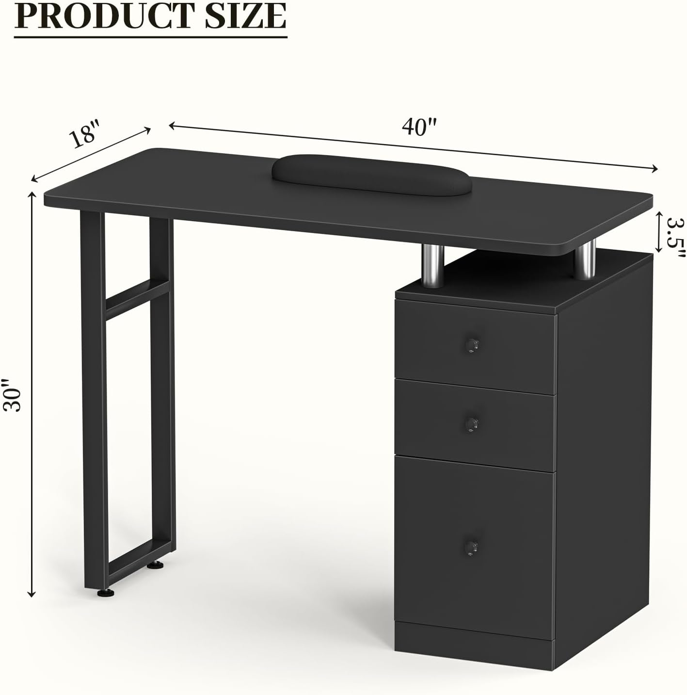 Black Nail Desk for Nail tech, Beauty Salon Manicure Table, Acetone Resistant Nail Station with Wrist Cushion, Storage Drawers, and Cabinets, for Beauty, Salon, Spa Makeup (Black-03)