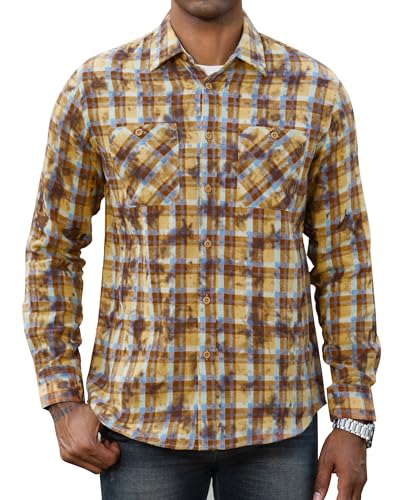 Damipow Mens Snow Wash Flannel Shirt Plaid Long Sleeve Casual Button Down Shirt,Yellow,M