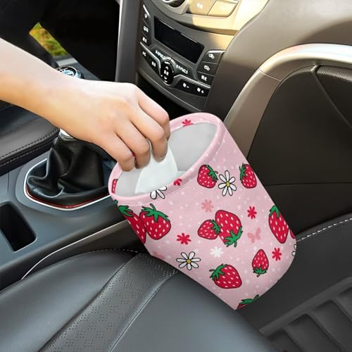 Image of Pensura Cute Strawberry Car Garbage Can Waterproof Multipurpose Camping Trash Can Cute Grocery Organizer Hanging Car Garbage Bag Compatible with Most Cars