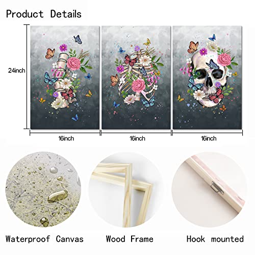 Ouelegent 3 Piece Skull Wall Art Canvas Sugar Skull Colorful Flowers Butterfly Painting Gothic Theme Skeleton Pictures Prints For Living Room Bedroom Decoration Framed Ready To Hang #TOP5
