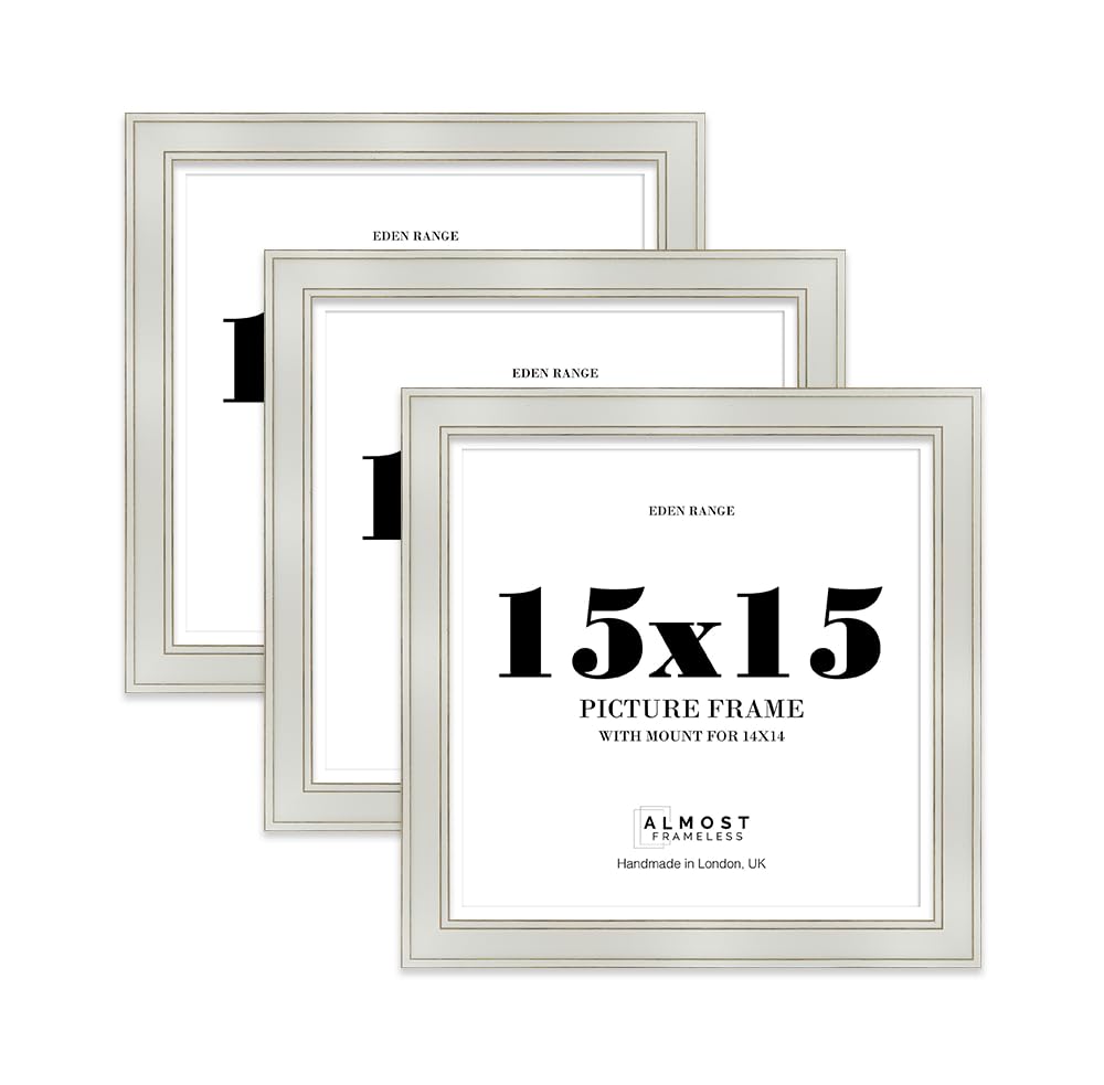 15x15" Light Grey Square Picture Frame with 14x14" Mount - Shabby Chic Photo Frame with Distressed Finish, Gold Trim, Wall Hooks, 37mm Edge - 3 Pack