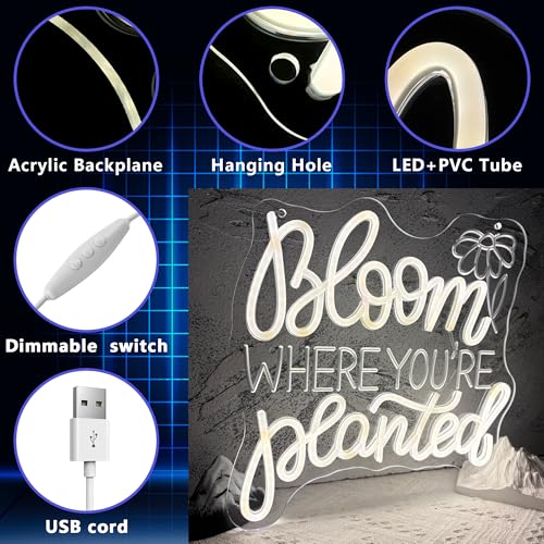 Image of Bloom Where You'Re Planted Neon Sign, Inspirational Neon Light USB Powered LED Flower Sign Dimmable, for Office Motivational Graduation Gift Bedroom Room Living Room Library(12.9 * 12.9 In)