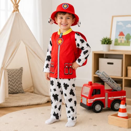 Image of WANNA PARTY Cute Cartoon Paw Chase Marshall Costume with red backpack for Boys for Birthday Outfit,Halloween, Pretend Play Costume Dress for Boys.Size-3 to 5 years